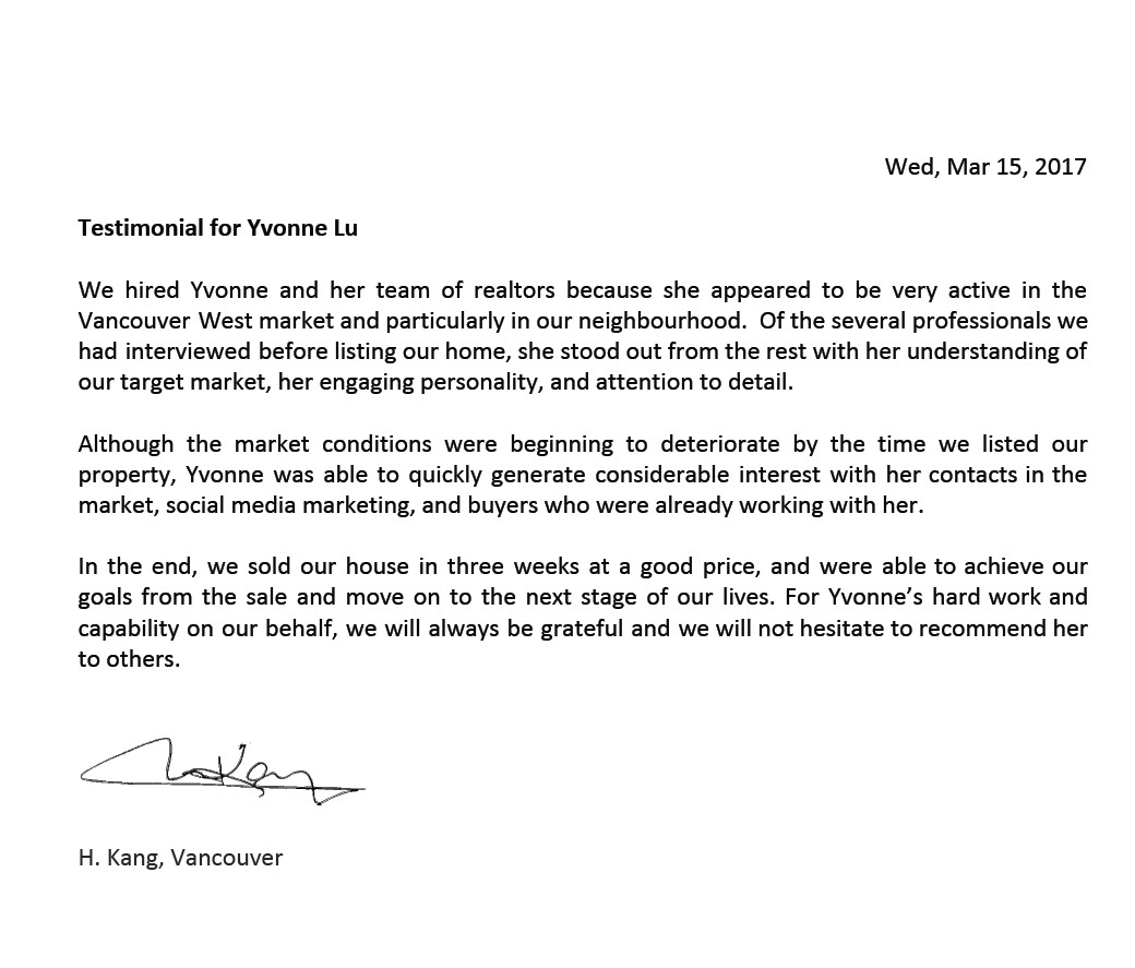 Vancouver West Point Grey Testimonial for Realtor Yvonne Lu