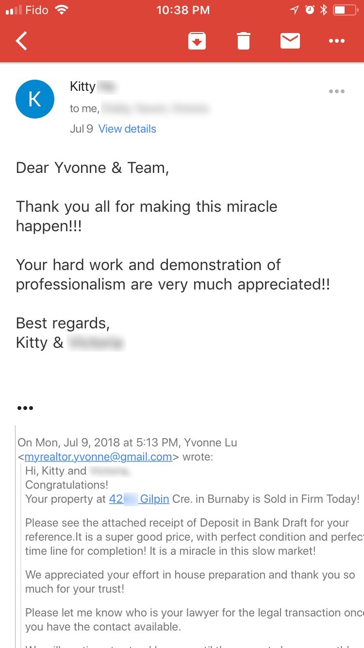 Kitty's Testimonial for his Realtor Yvonne Lu in Vancouver