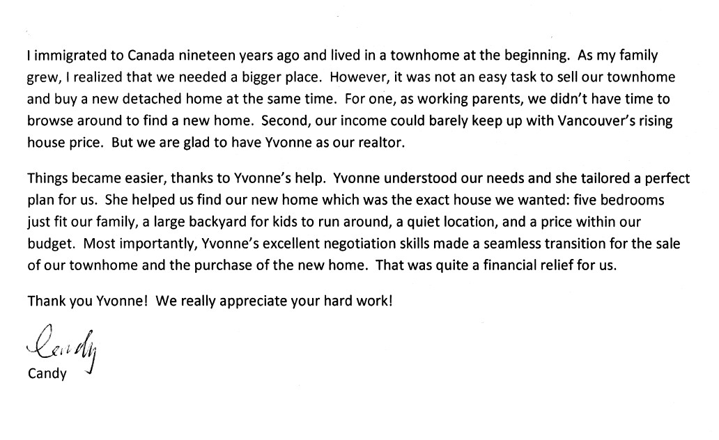 My testimonial for Vancouver Realtor Yvonne Lu