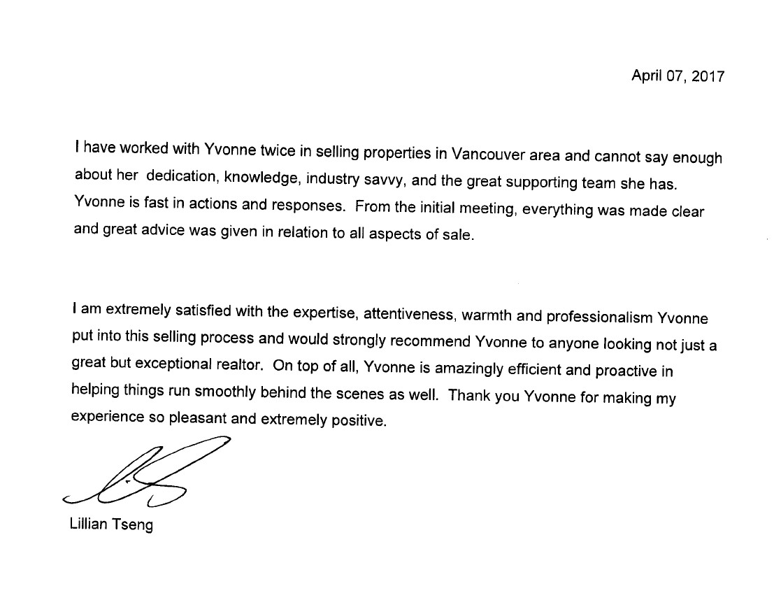My testimonial for Vancouver Realtor Yvonne Lu